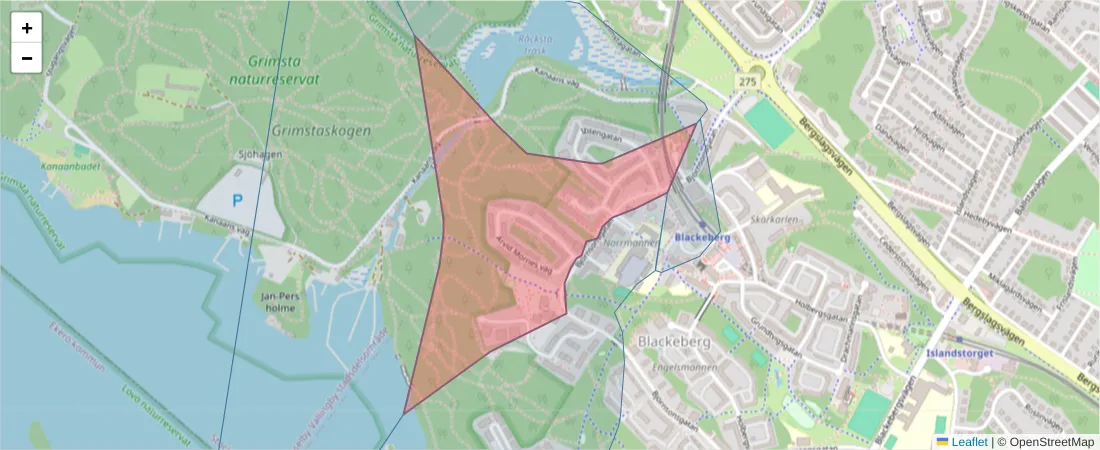 Karta över postnummerområdet  och angränsande postnummer i Sverige