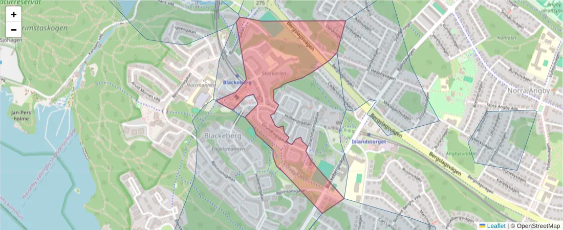 Karta över postnummerområdet  och angränsande postnummer i Sverige