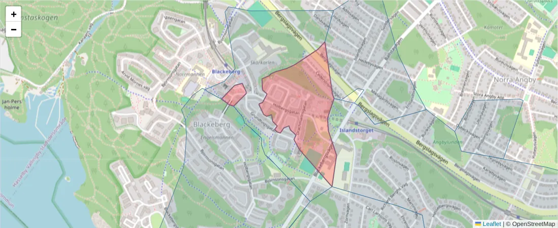 Karta över postnummerområdet  och angränsande postnummer i Sverige