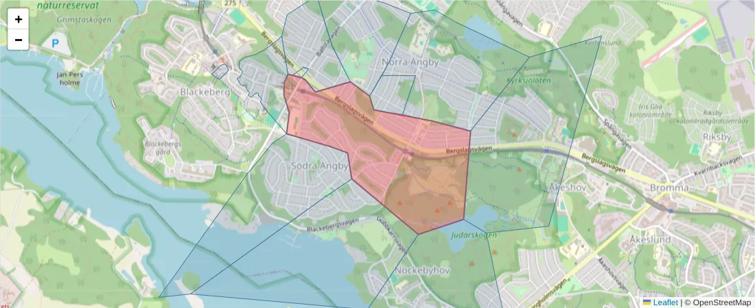 Karta över postnummerområdet  och angränsande postnummer i Sverige