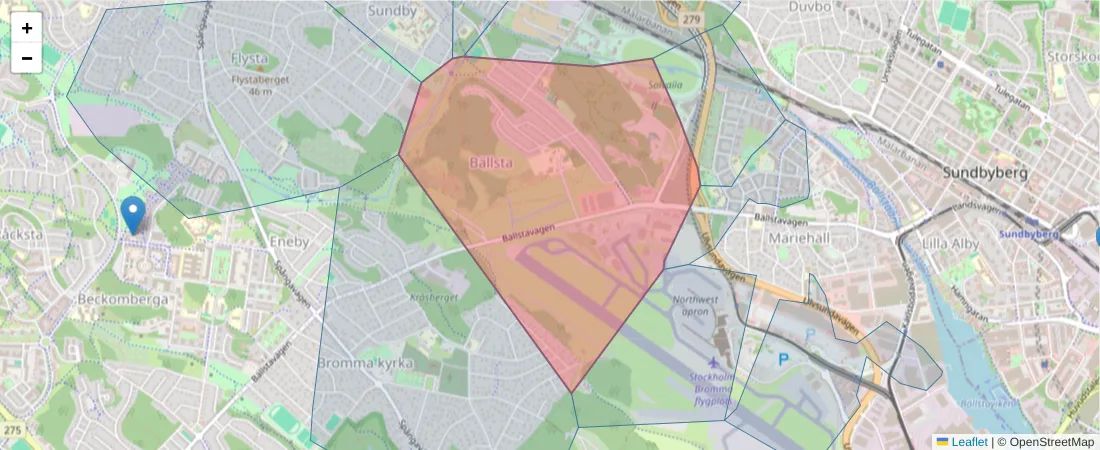 Karta över postnummerområdet  och angränsande postnummer i Sverige