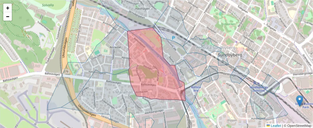 Karta över postnummerområdet  och angränsande postnummer i Sverige