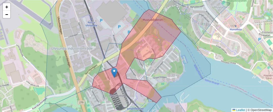 Karta över postnummerområdet  och angränsande postnummer i Sverige