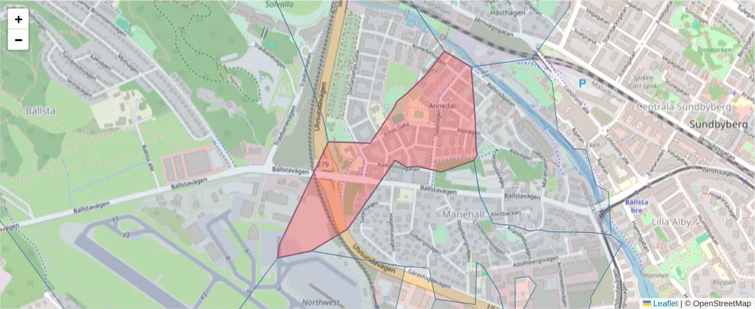 Karta över postnummerområdet  och angränsande postnummer i Sverige
