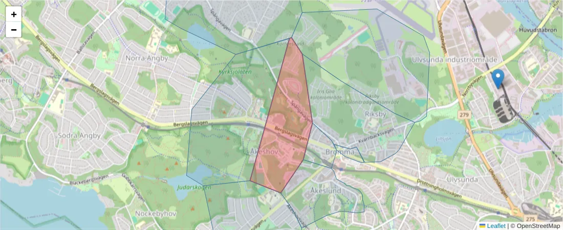 Karta över postnummerområdet  och angränsande postnummer i Sverige