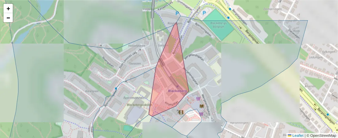 Karta över postnummerområdet  och angränsande postnummer i Sverige