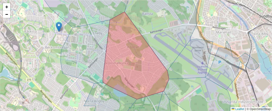 Karta över postnummerområdet  och angränsande postnummer i Sverige
