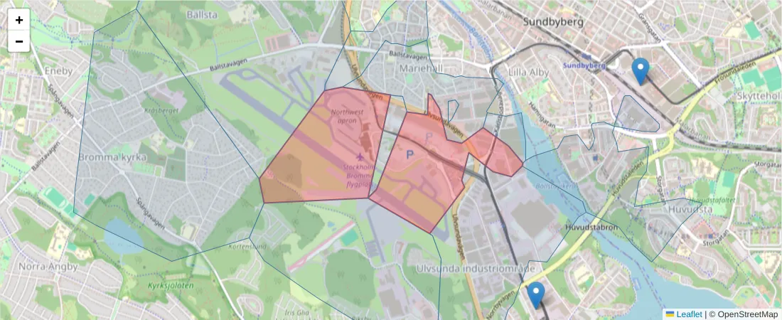 Karta över postnummerområdet  och angränsande postnummer i Sverige