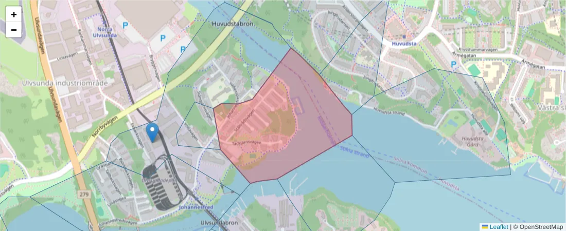 Karta över postnummerområdet  och angränsande postnummer i Sverige