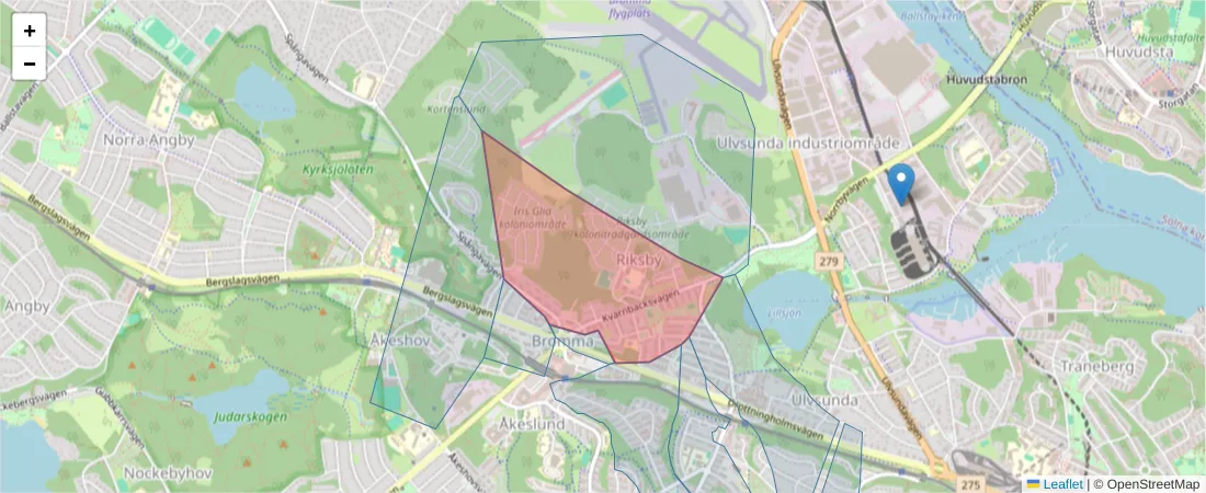 Karta över postnummerområdet  och angränsande postnummer i Sverige