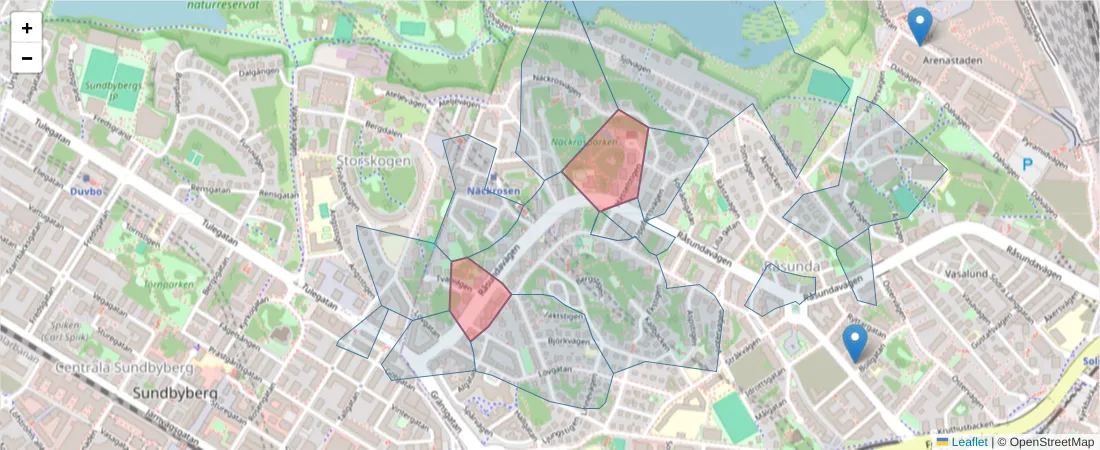 Karta över postnummerområdet  och angränsande postnummer i Sverige