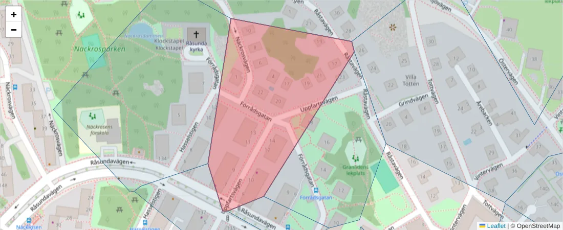 Karta över postnummerområdet  och angränsande postnummer i Sverige