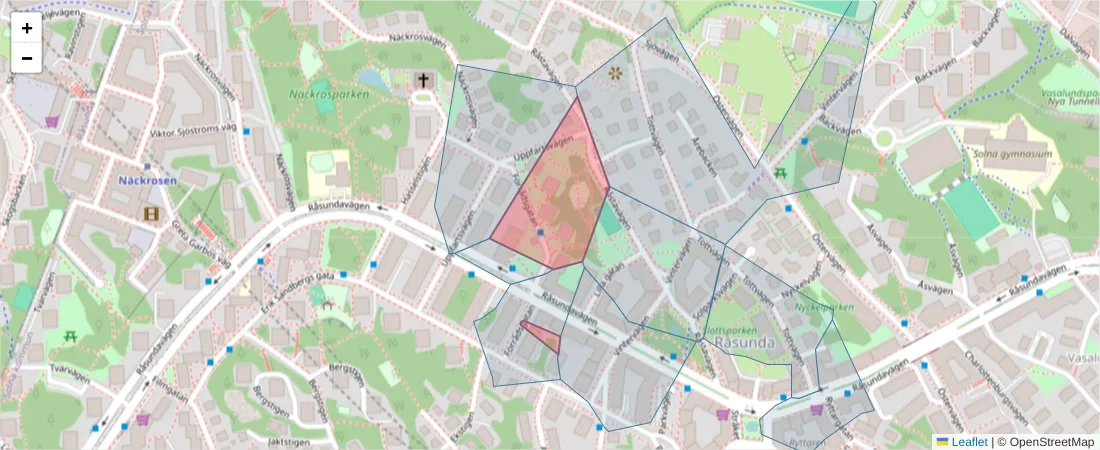 Karta över postnummerområdet  och angränsande postnummer i Sverige