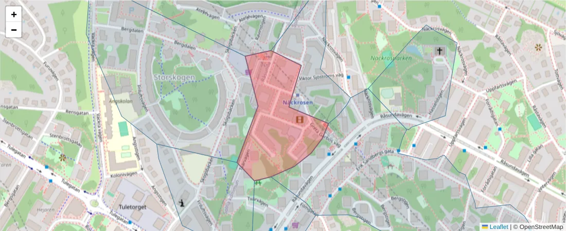 Karta över postnummerområdet  och angränsande postnummer i Sverige
