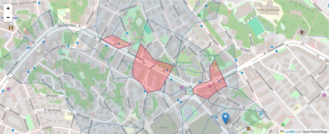 Karta över postnummerområdet  och angränsande postnummer i Sverige