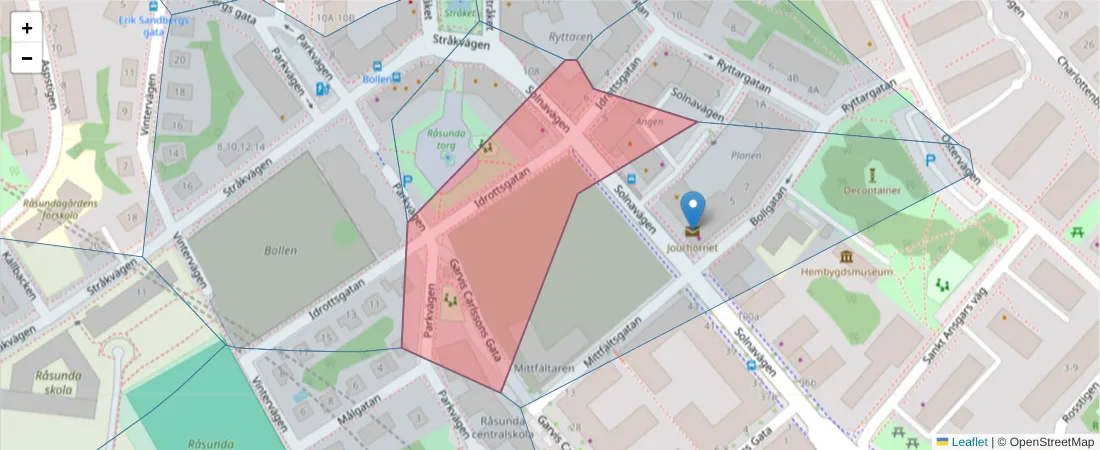 Karta över postnummerområdet  och angränsande postnummer i Sverige