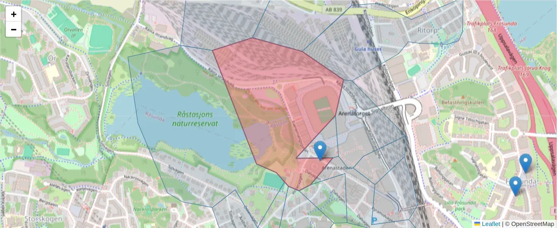 Karta över postnummerområdet  och angränsande postnummer i Sverige