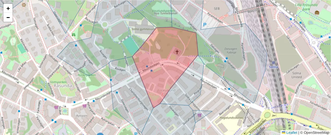 Karta över postnummerområdet  och angränsande postnummer i Sverige