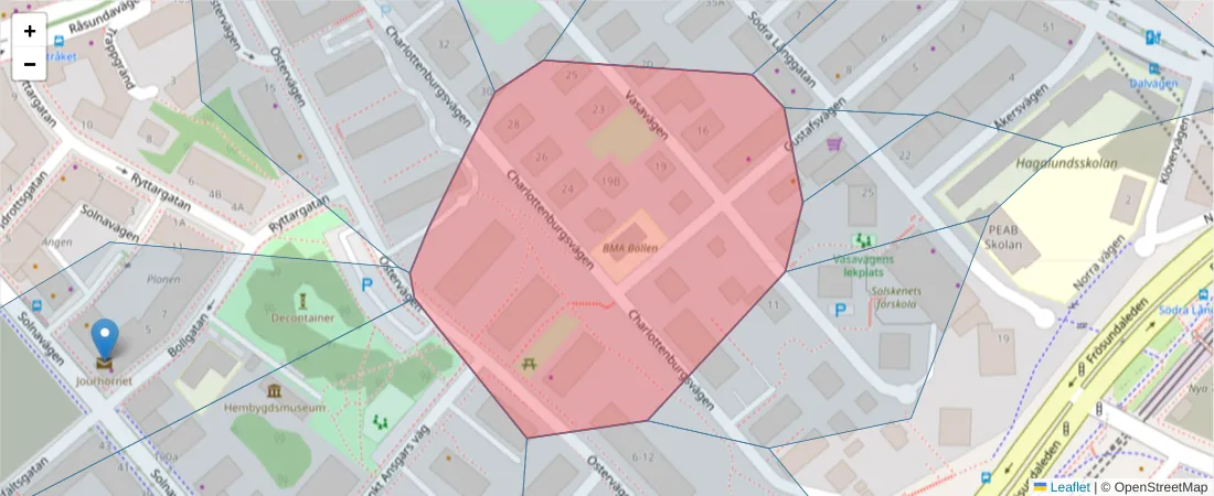 Karta över postnummerområdet  och angränsande postnummer i Sverige