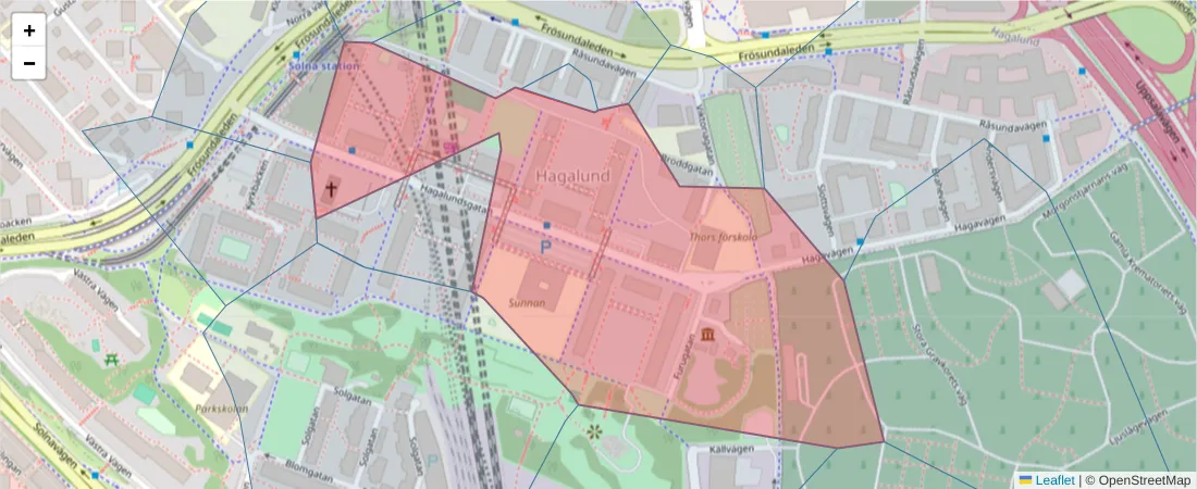 Karta över postnummerområdet  och angränsande postnummer i Sverige