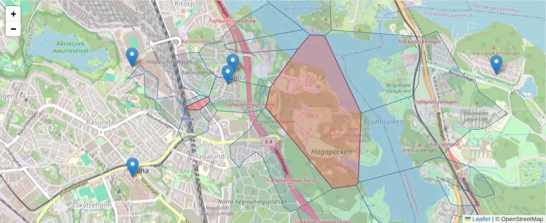 Karta över postnummerområdet  och angränsande postnummer i Sverige