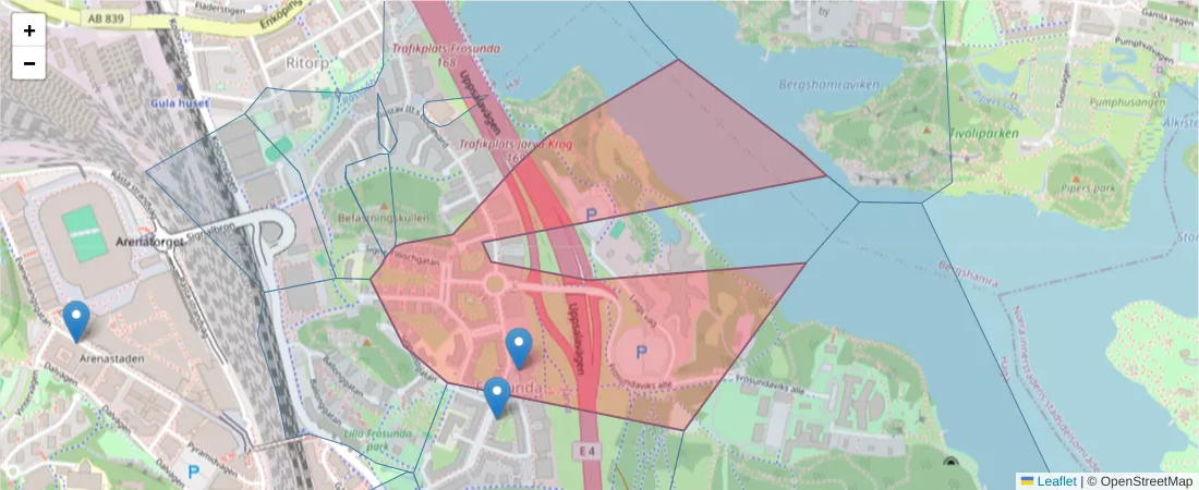 Karta över postnummerområdet  och angränsande postnummer i Sverige