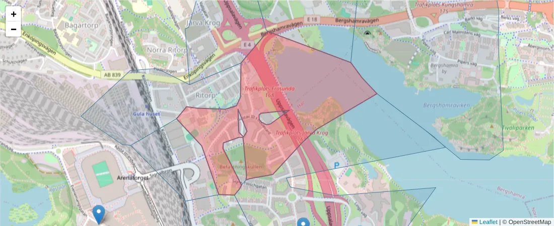 Karta över postnummerområdet  och angränsande postnummer i Sverige