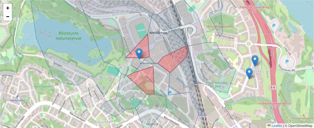 Karta över postnummerområdet  och angränsande postnummer i Sverige