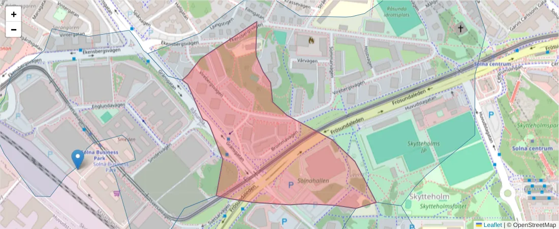Karta över postnummerområdet  och angränsande postnummer i Sverige