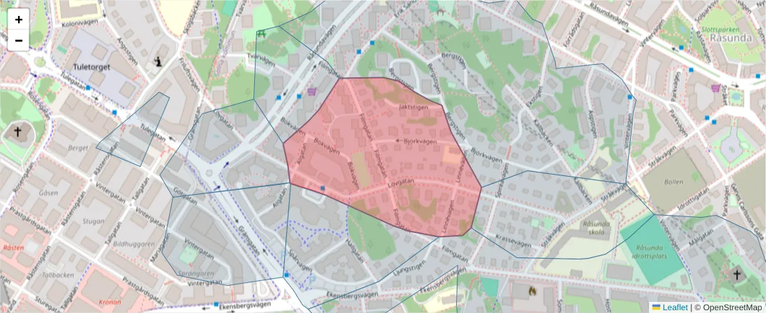 Karta över postnummerområdet  och angränsande postnummer i Sverige