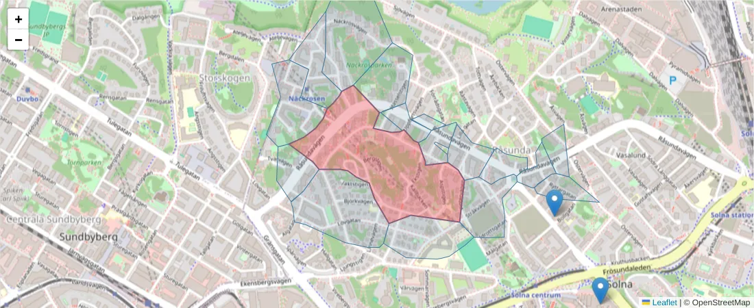 Karta över postnummerområdet  och angränsande postnummer i Sverige