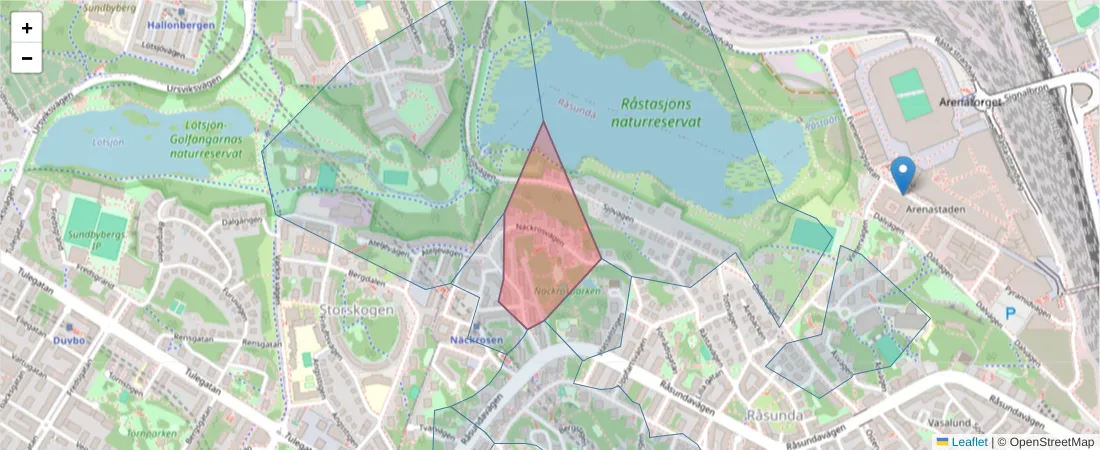 Karta över postnummerområdet  och angränsande postnummer i Sverige