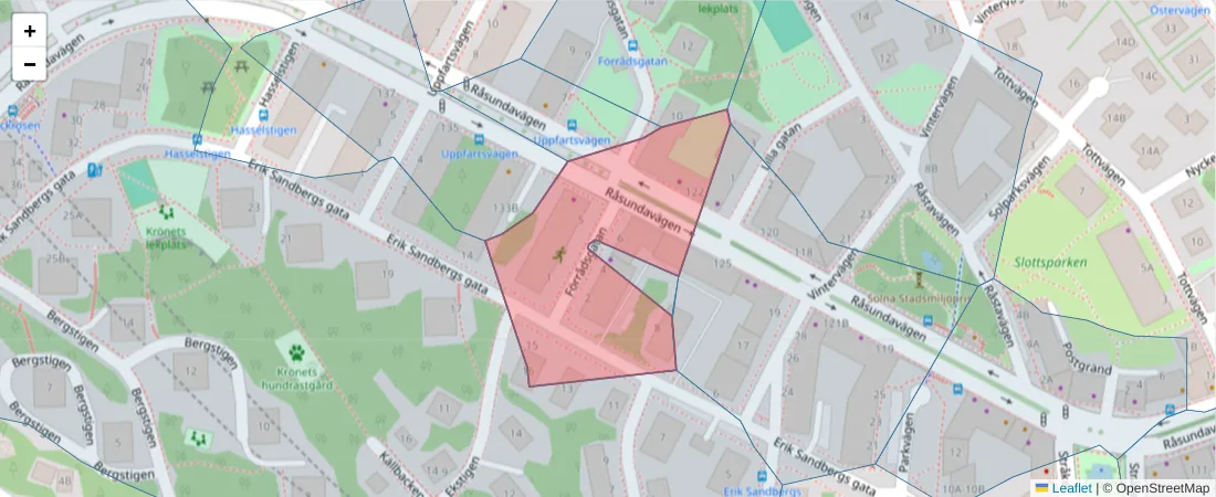 Karta över postnummerområdet  och angränsande postnummer i Sverige