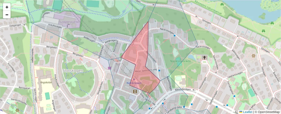 Karta över postnummerområdet  och angränsande postnummer i Sverige