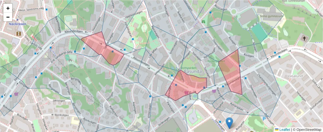 Karta över postnummerområdet  och angränsande postnummer i Sverige
