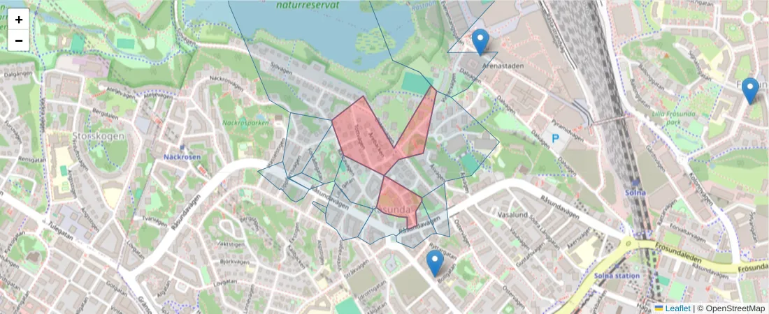 Karta över postnummerområdet  och angränsande postnummer i Sverige