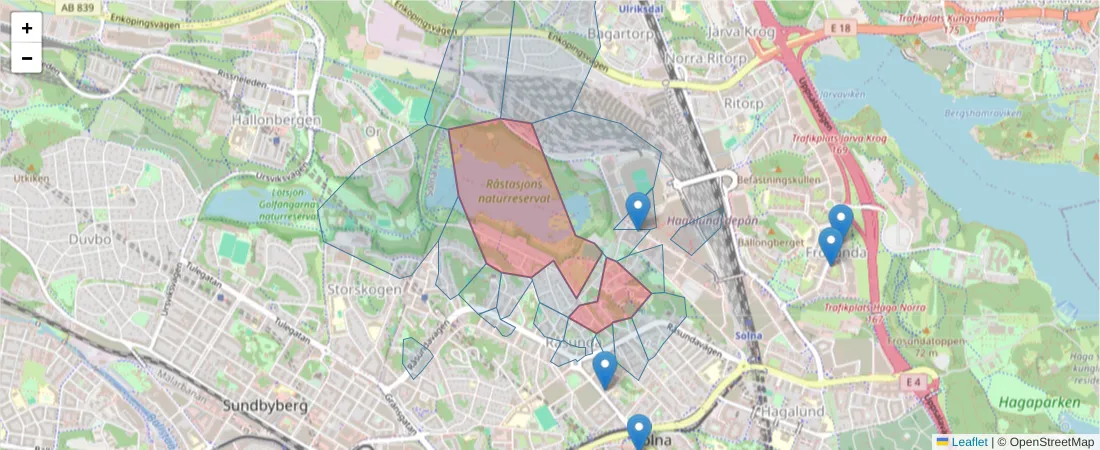Karta över postnummerområdet  och angränsande postnummer i Sverige