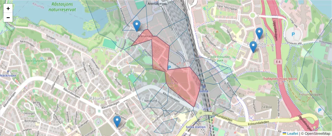 Karta över postnummerområdet  och angränsande postnummer i Sverige