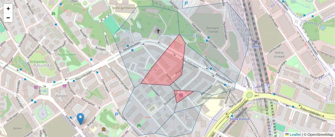 Karta över postnummerområdet  och angränsande postnummer i Sverige