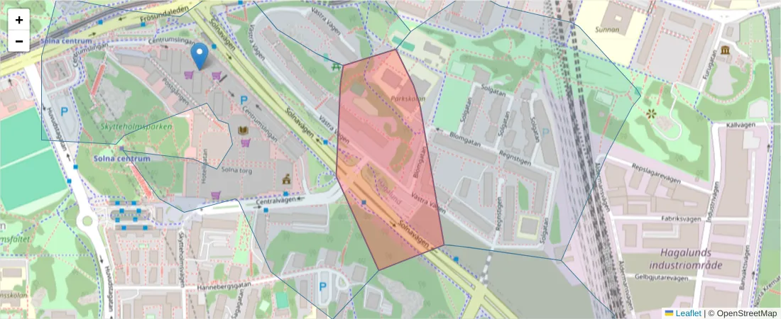 Karta över postnummerområdet  och angränsande postnummer i Sverige