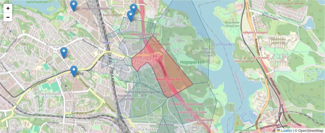 Karta över postnummerområdet  och angränsande postnummer i Sverige