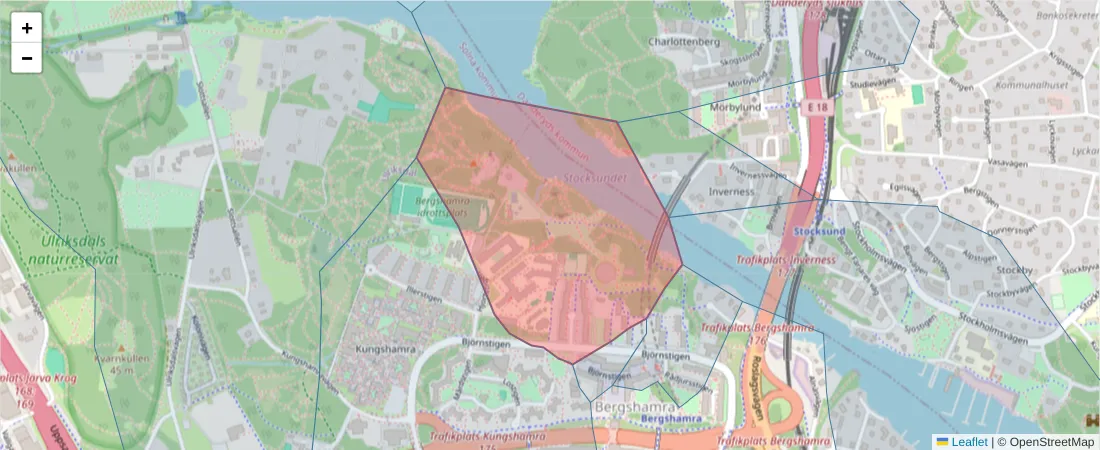 Karta över postnummerområdet  och angränsande postnummer i Sverige