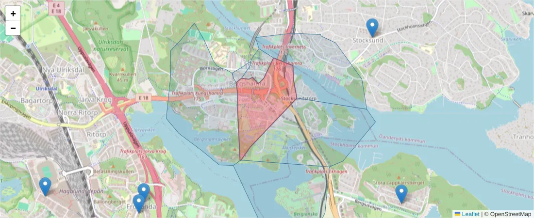 Karta över postnummerområdet  och angränsande postnummer i Sverige
