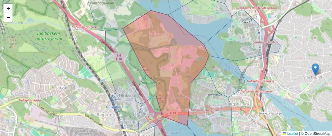 Karta över postnummerområdet  och angränsande postnummer i Sverige