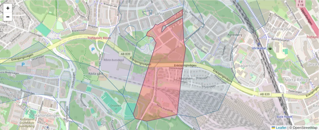 Karta över postnummerområdet  och angränsande postnummer i Sverige