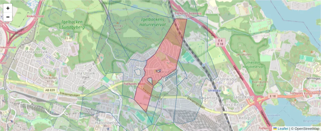Karta över postnummerområdet  och angränsande postnummer i Sverige