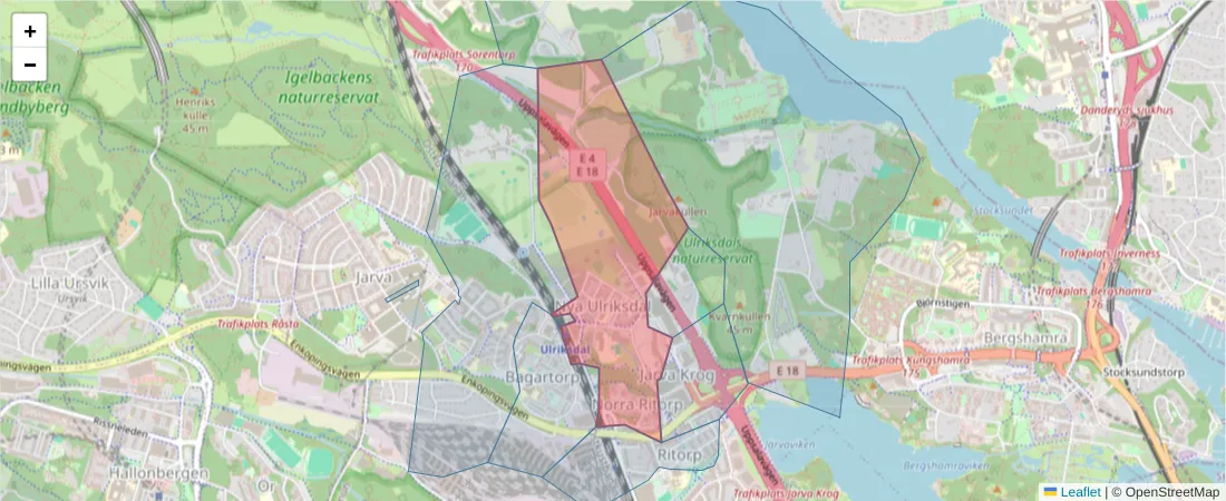 Karta över postnummerområdet  och angränsande postnummer i Sverige