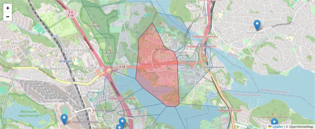 Karta över postnummerområdet  och angränsande postnummer i Sverige