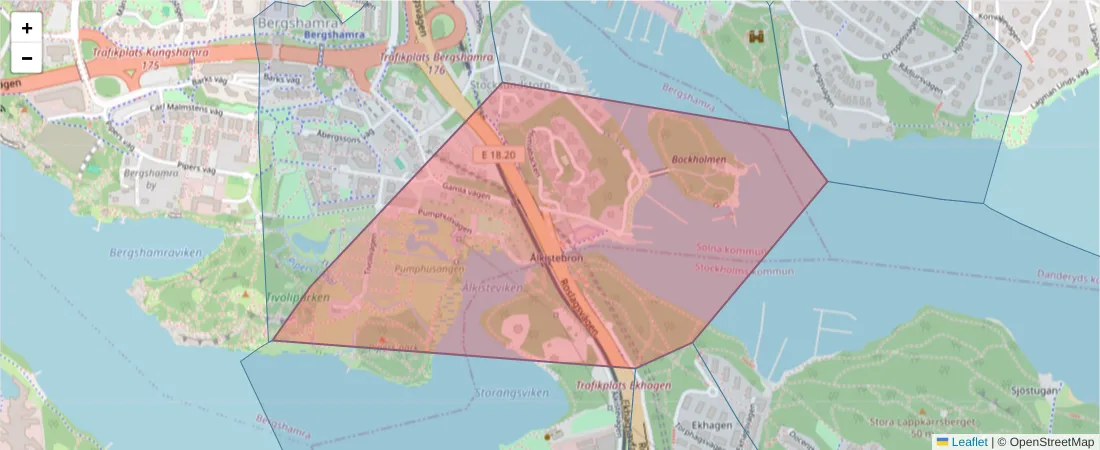 Karta över postnummerområdet  och angränsande postnummer i Sverige