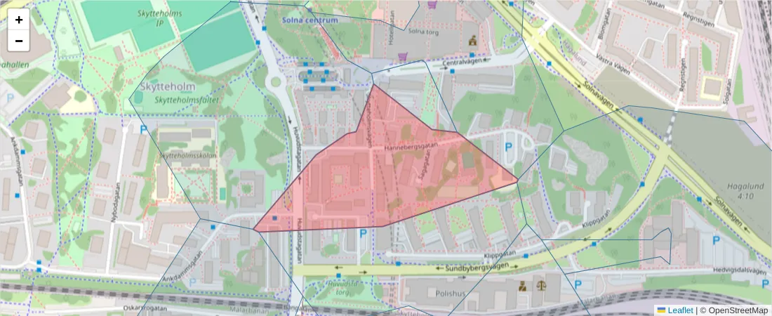 Karta över postnummerområdet  och angränsande postnummer i Sverige
